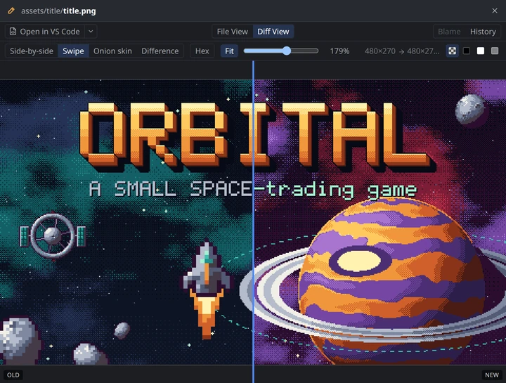 Swipe view between the old and the redrawn title screen art