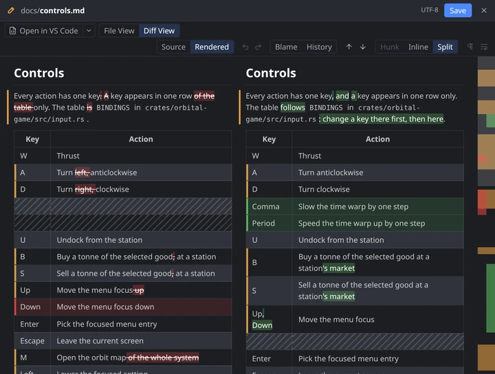 A controls page rendered side by side: table rows removed and added, new sections, changed words highlighted