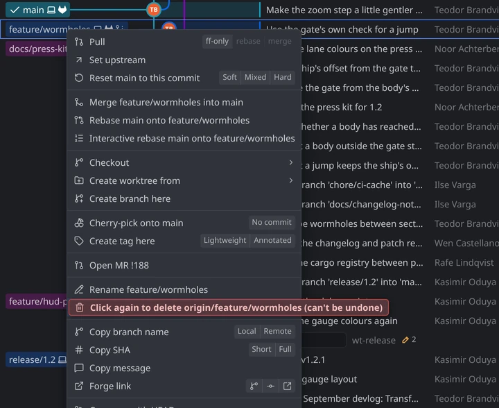 A branch's menu: reset modes and merge and rebase rows naming both branches, and the Delete row armed in red, labelled with what a second click does