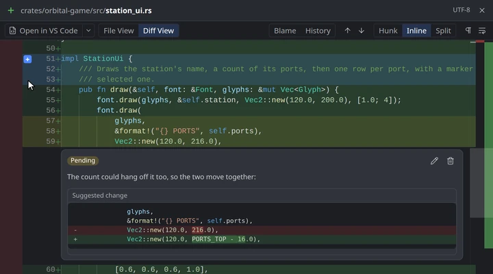 Code review: a pending comment with a suggested change, and a new range being dragged from the gutter